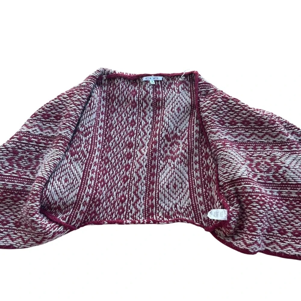 Cabi M Red White Fair Isle Wool Blend Pin Closure Knit Wrap Nordic Shrug Sweater